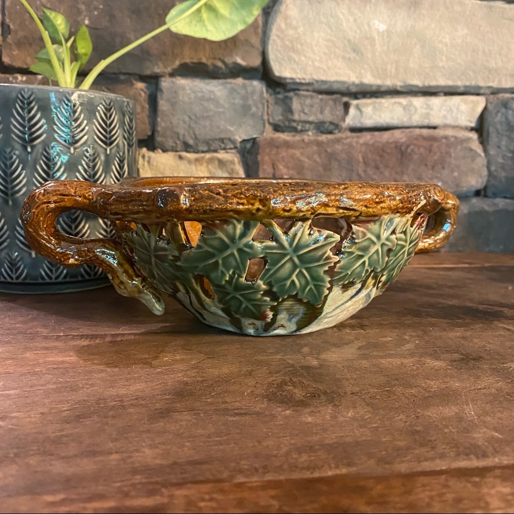 Two Handled Leaf Patterned Pottery Bowl - Stamped “ 9100 “